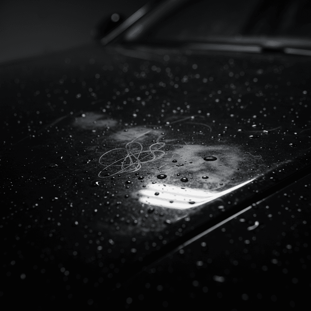 Black sedan hood with swirl marks and paint damage before detailing