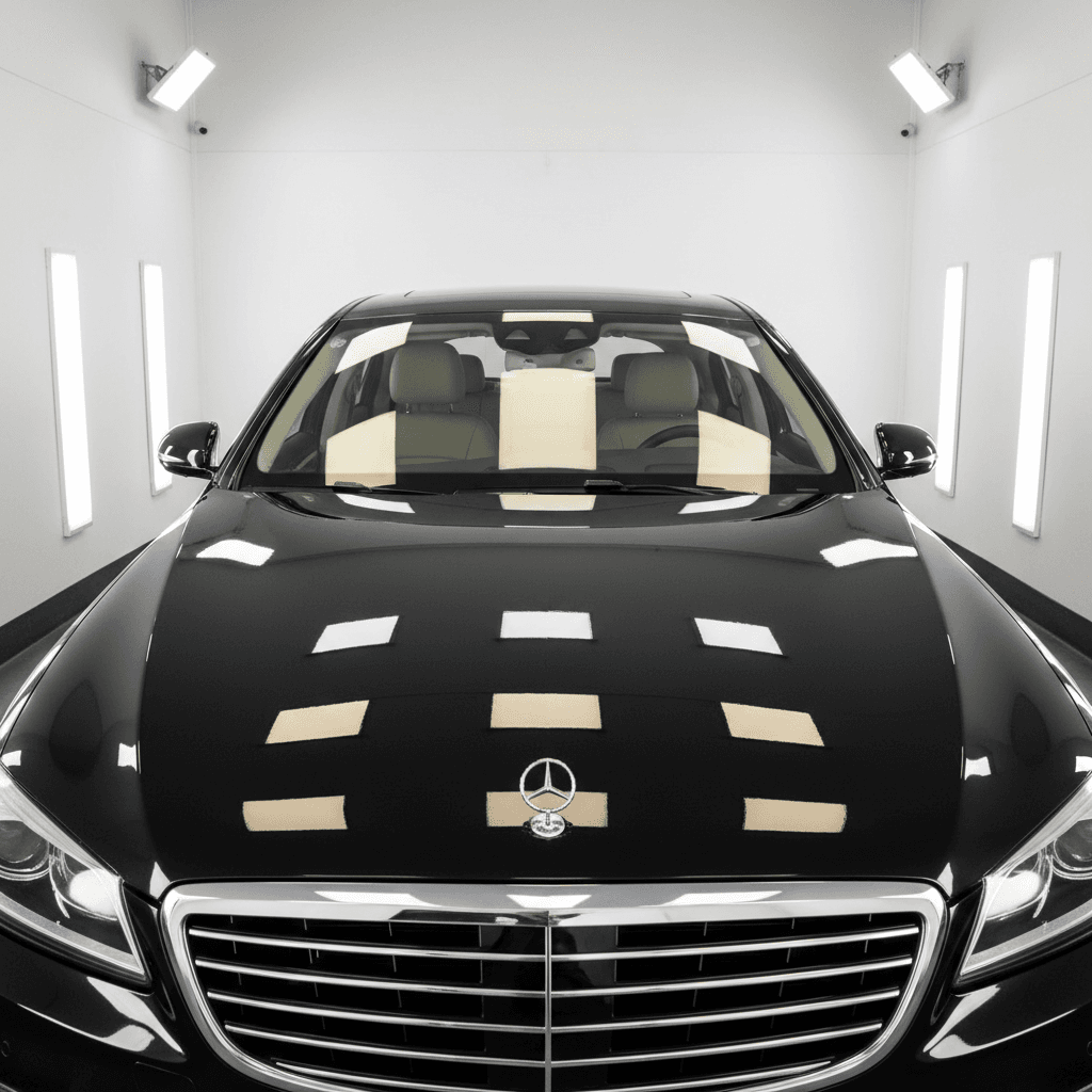 Black sedan hood with mirror finish after professional detailing