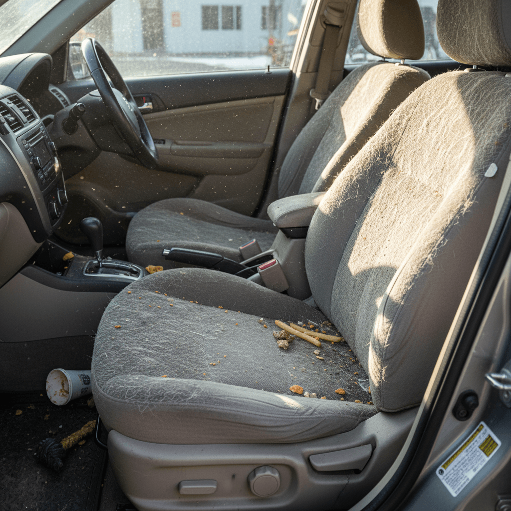 Car interior seats with pet hair and stains before cleaning