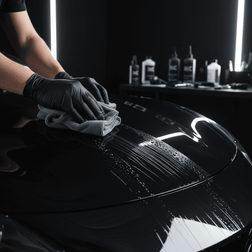 Car hood with swirl marks and water spots before detailing