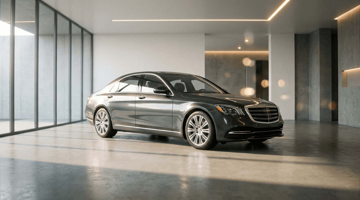 Freshly detailed luxury vehicle in residential driveway