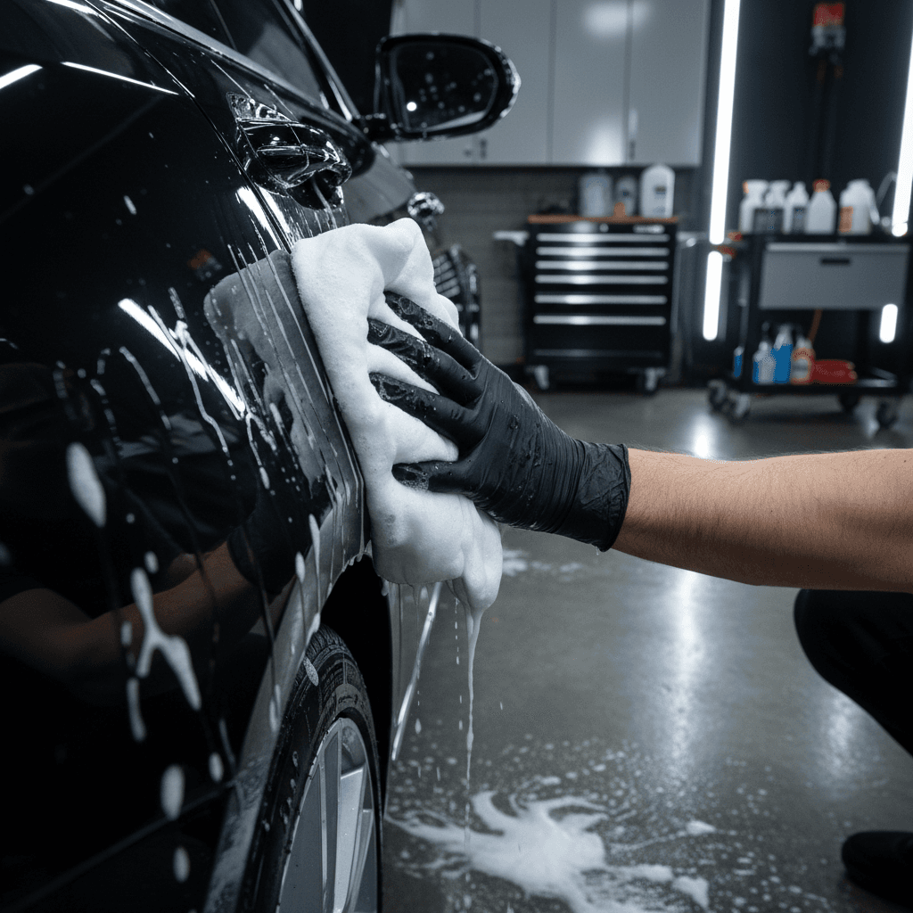 Hand washing a luxury vehicle with soft microfiber mitt